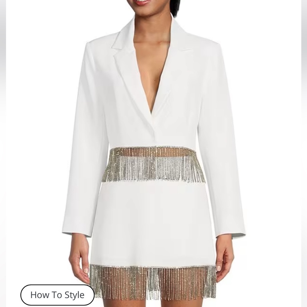 Gianni Bini White Blazer Dress with Gold & Silver Fringe